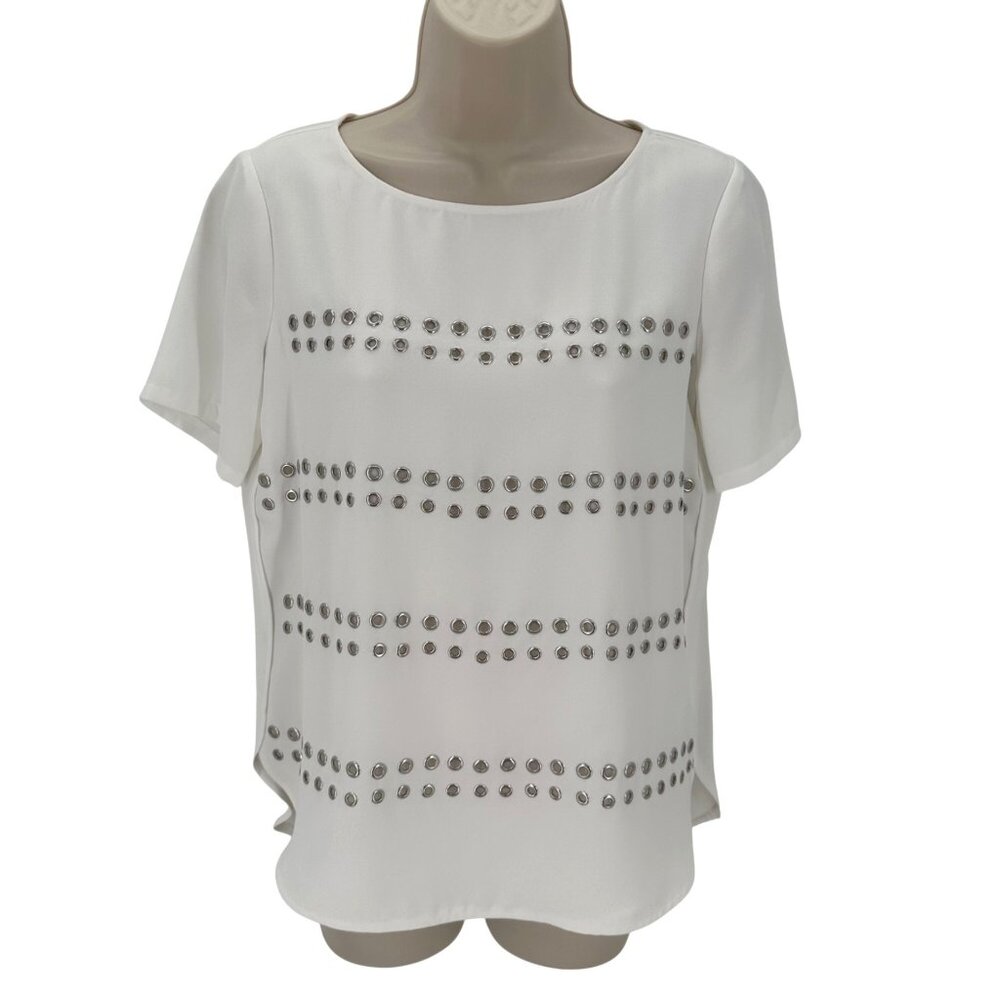 Etcetera Womens White Grommet Detail Short Sleeve Round Neck Blouse Size 2